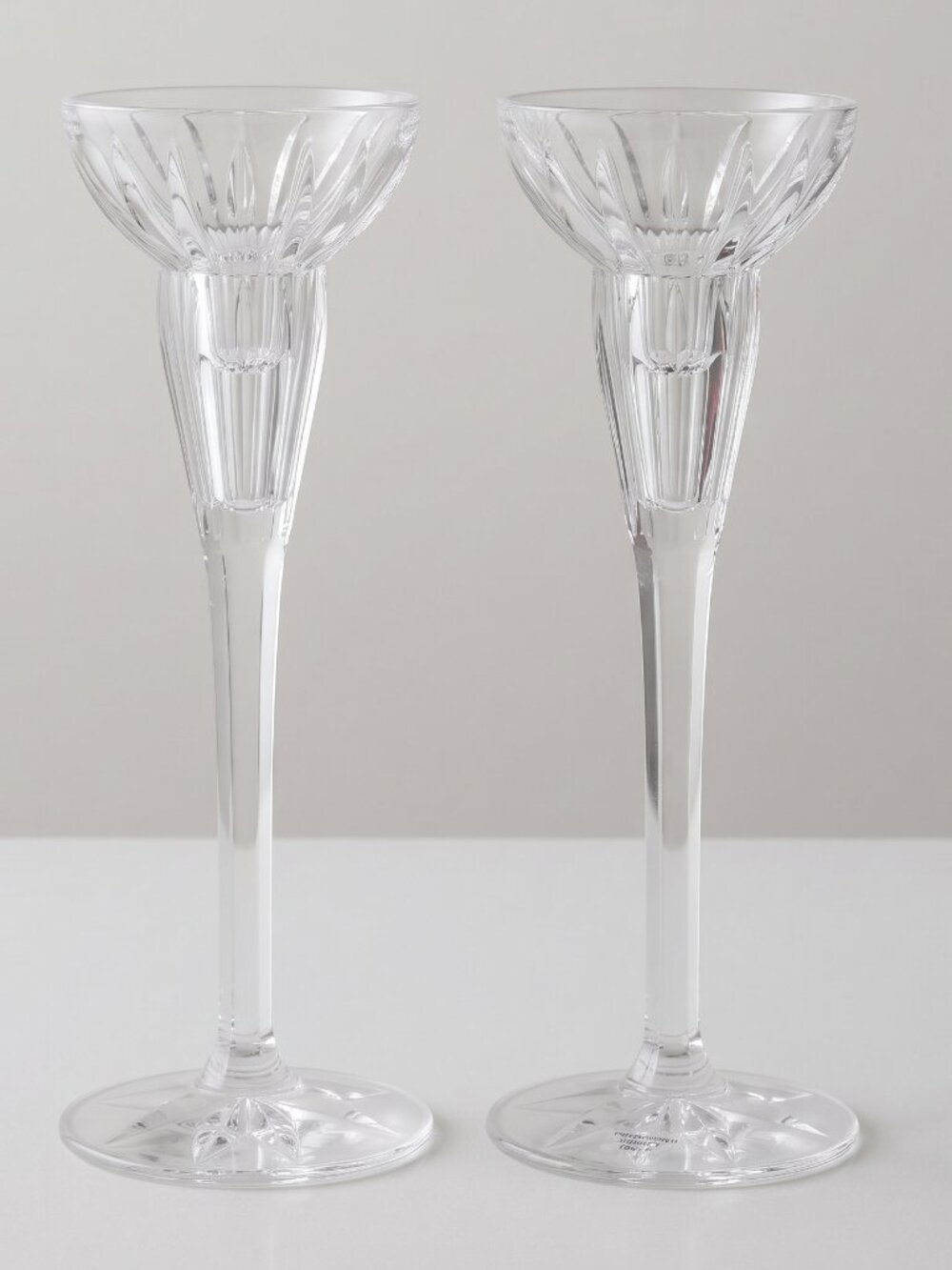 Pair Mikasa Golden Tiara Crystal Candlesticks Germany Gold Rim 8 5/8”